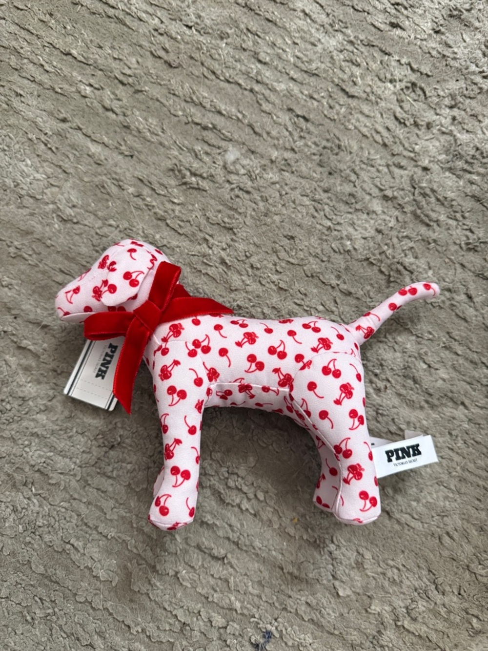 PINK Victoria's Secret Pink Plush Dog Toy with Red Cherry Print and Red Bow